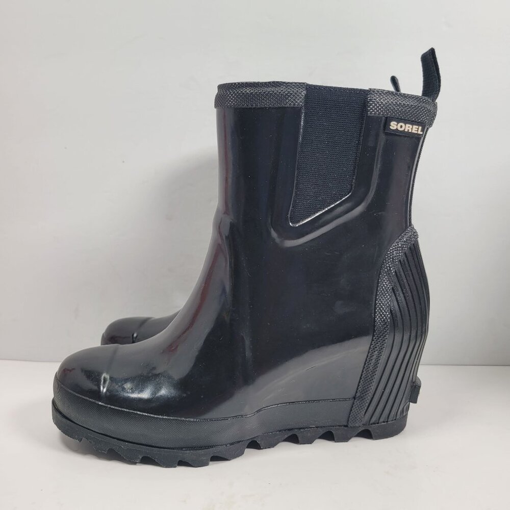 Sorel Women's Black Rubber Wedge Heel Rain Boots NL2526-010 US Size 8.5 - Picture 2 of 10